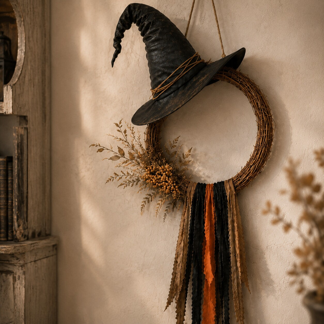 Close view of the woven twigs, berry branches and layered ribbons