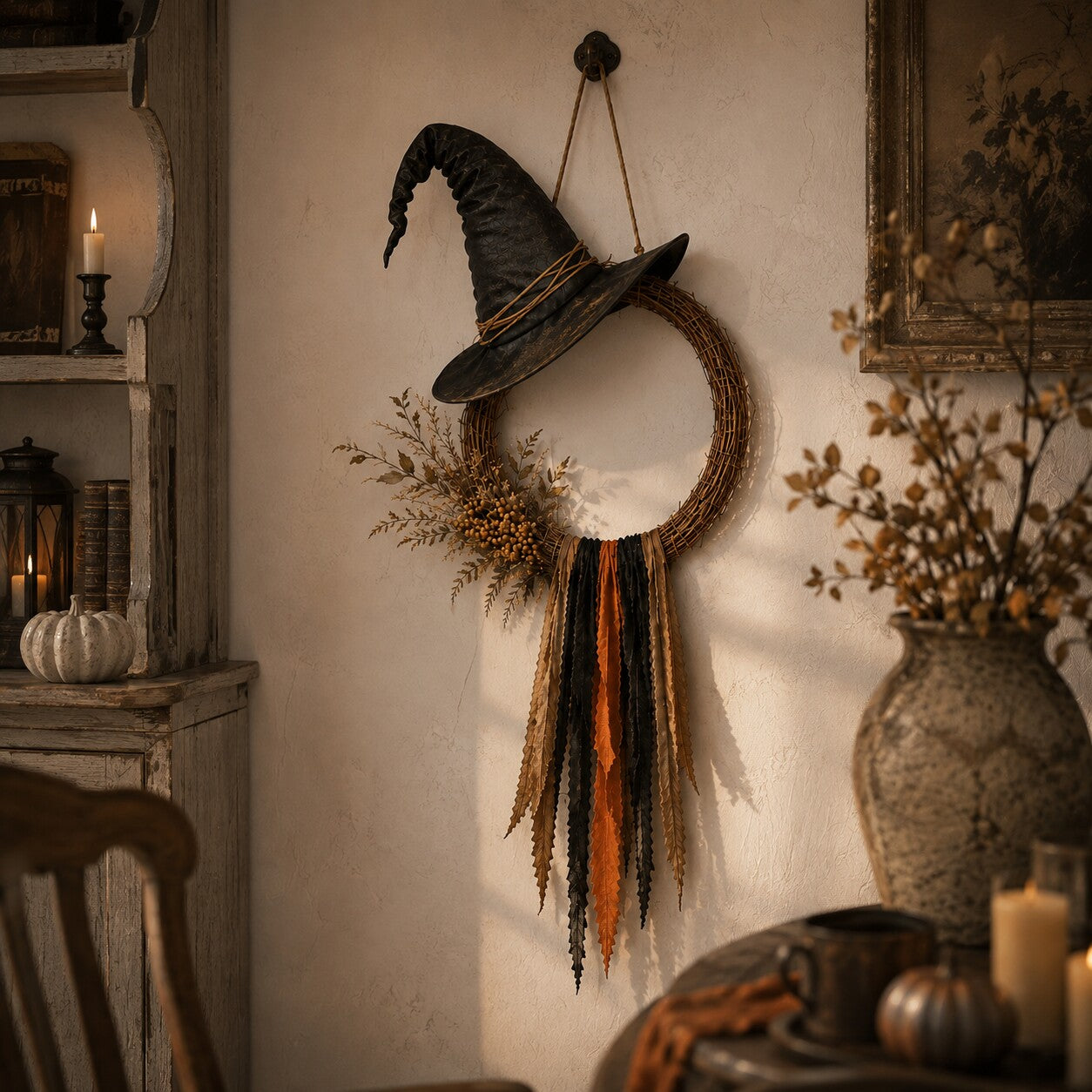 Vintage witch hat wreath displayed in a warm rustic living space