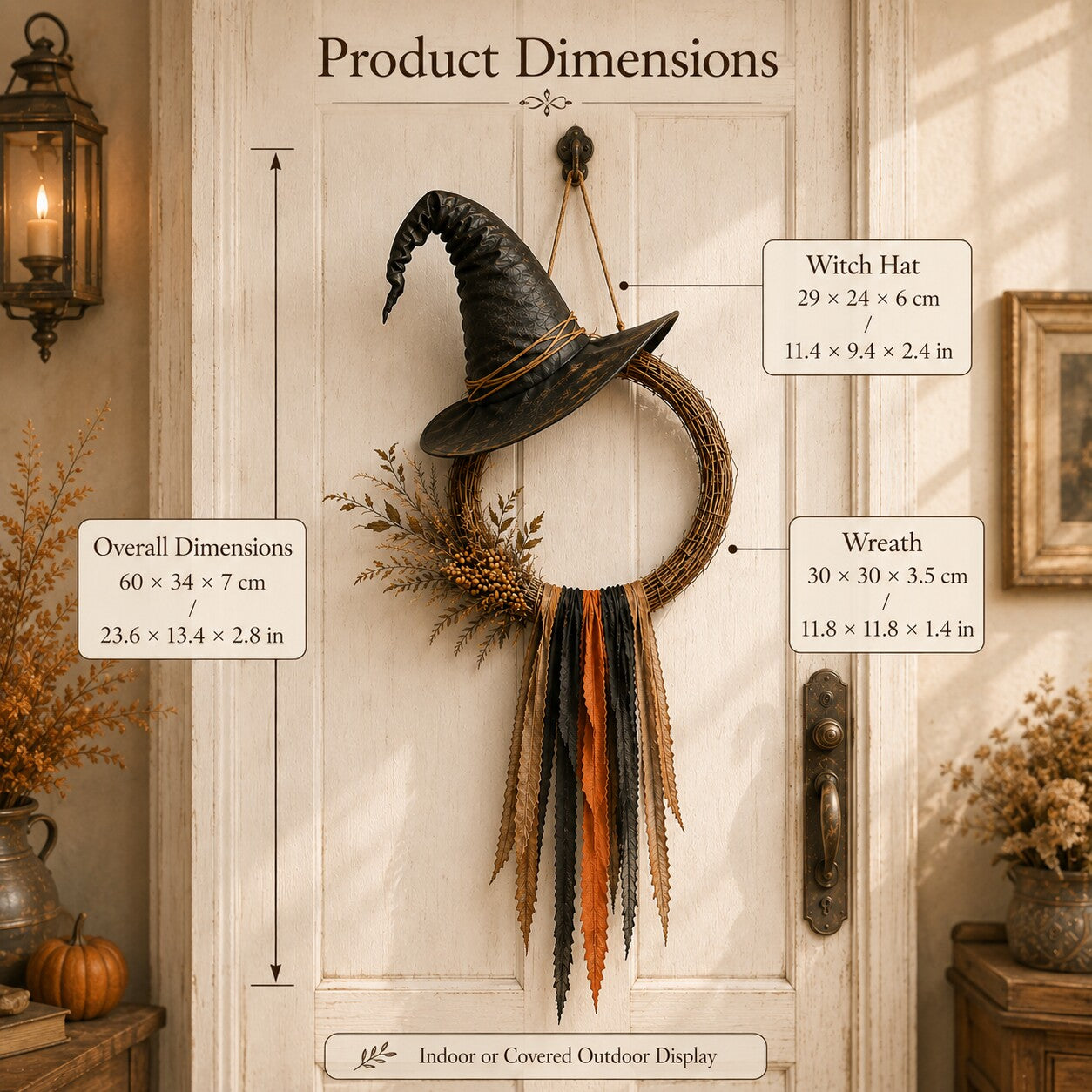Size guide for the vintage witch hat woven wreath