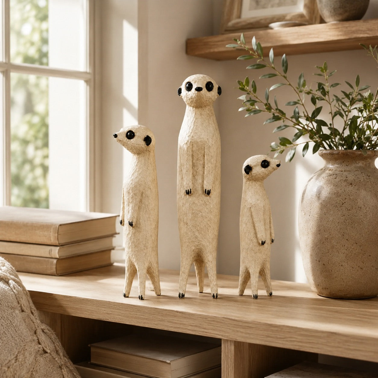 Set of three hand-carved wooden meerkat sculptures in a bright living room