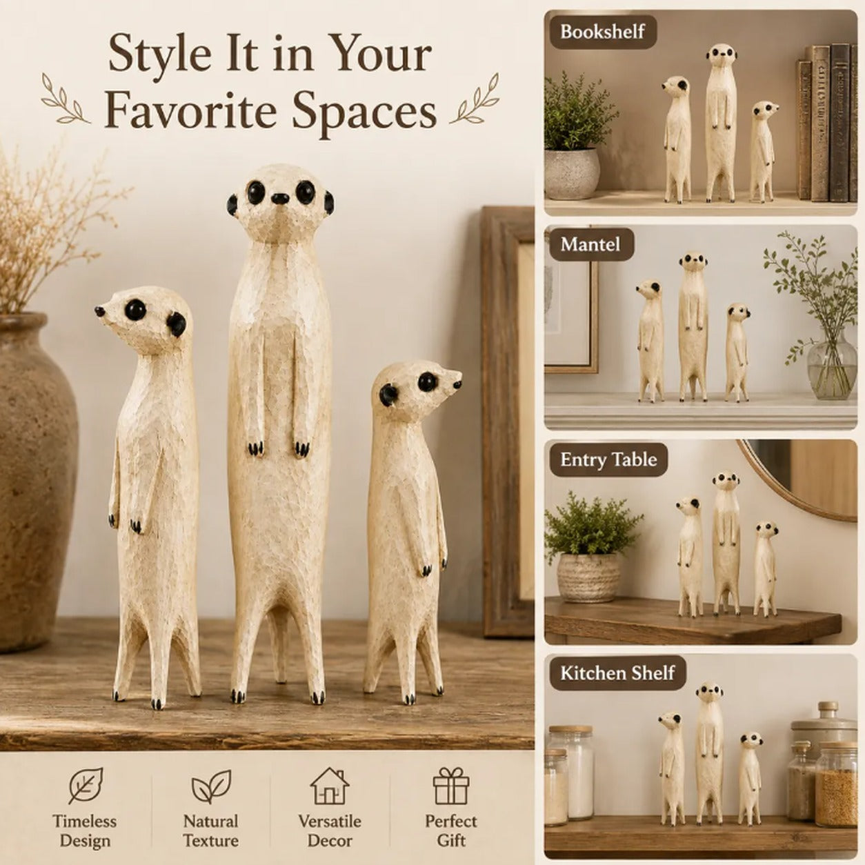 Wooden meerkat sculptures styled on a bookshelf, mantel, entry table and kitchen shelf
