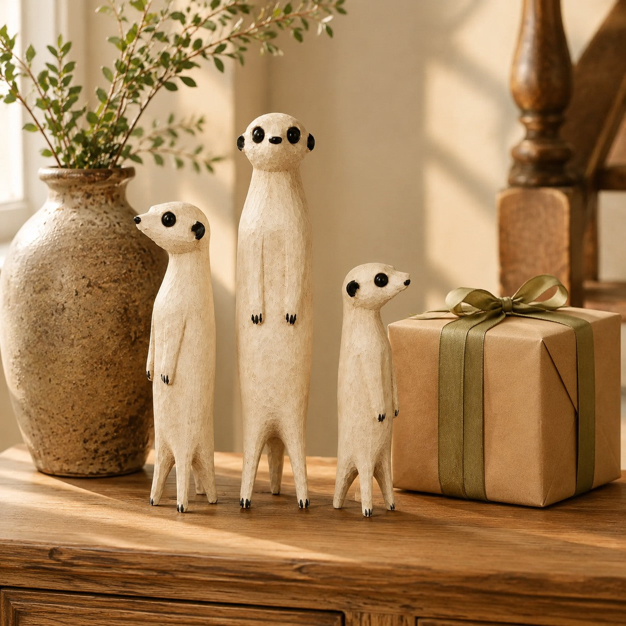 Set of three wooden meerkat sculptures beside a wrapped gift