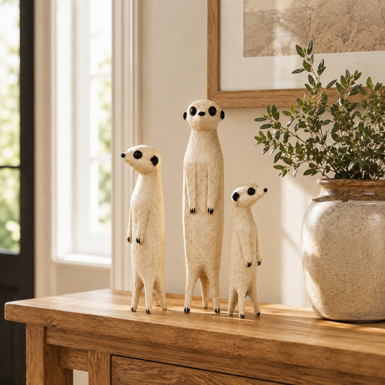 Three wooden meerkat sculptures styled on a sunlit entryway console
