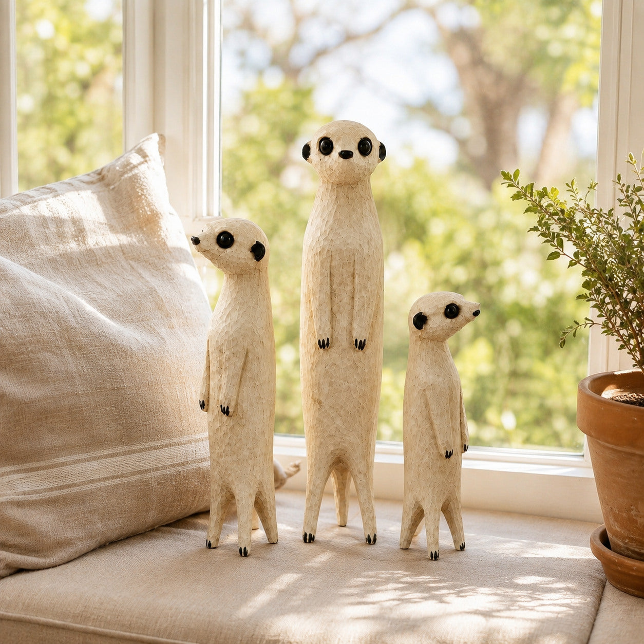 Three wooden meerkat sculptures arranged on a bright sunroom window seat
