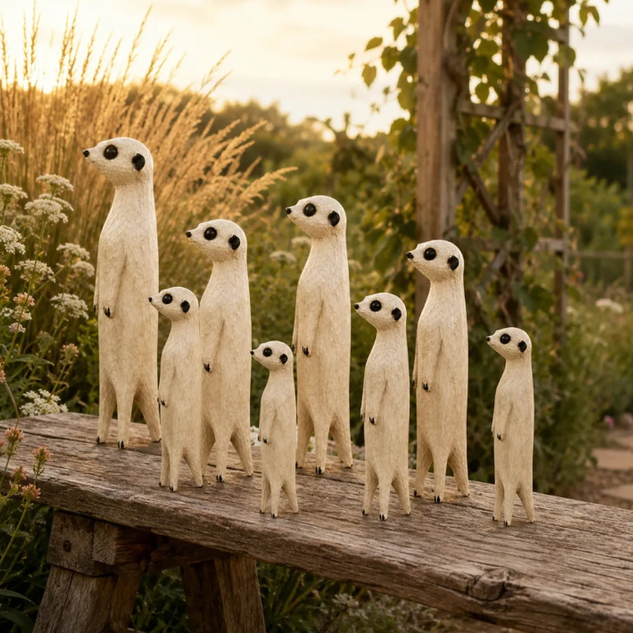 Customer collection of wooden meerkat sculptures on a rustic garden bench