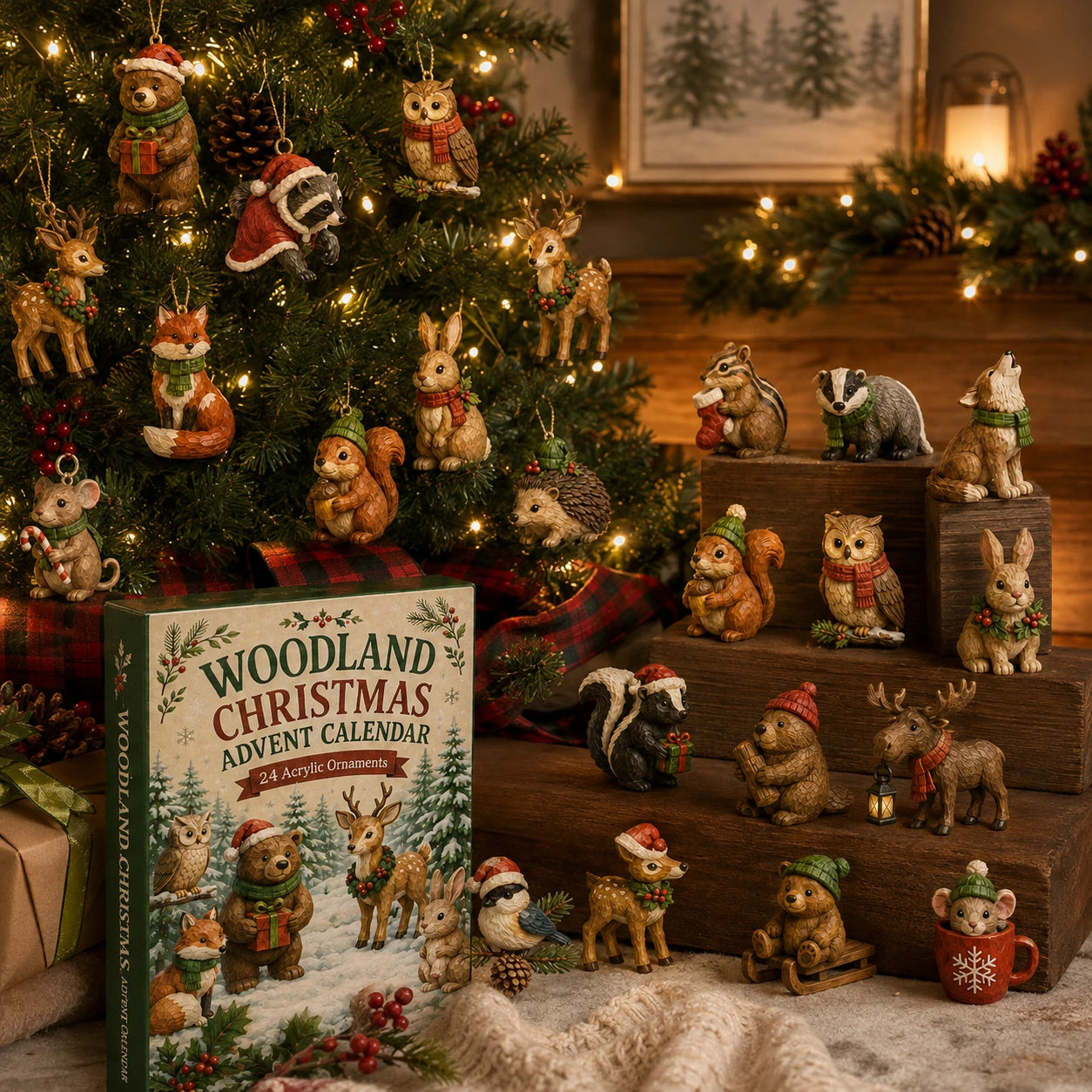 Woodland Christmas ornaments displayed on tree