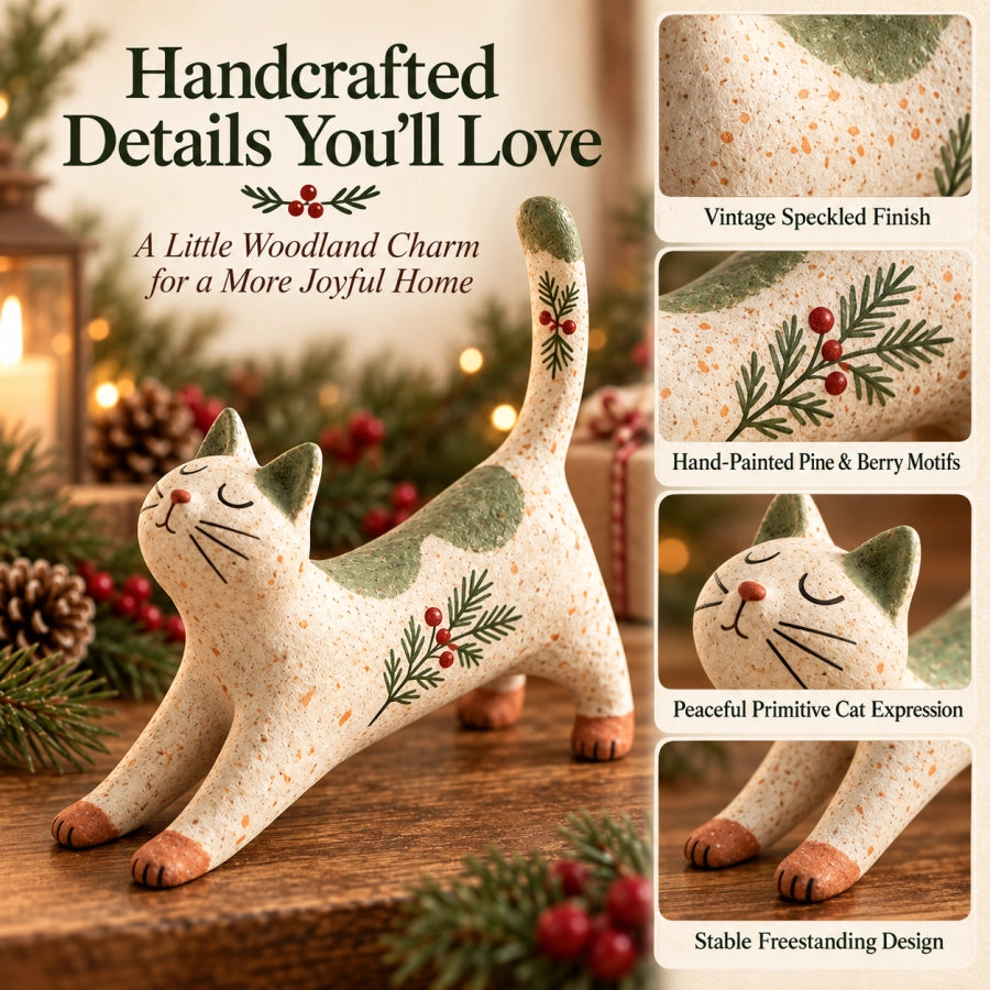 Close-up handcrafted-style details of the Woodland Christmas Cat Figurine