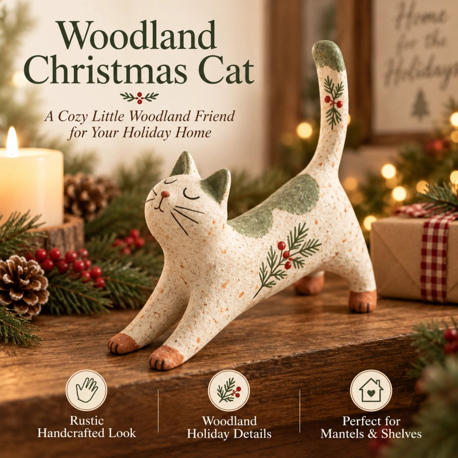 Woodland Christmas Cat Figurine styled for the holidays