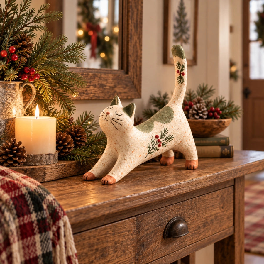 Woodland Christmas Cat Figurine styled on an entryway table