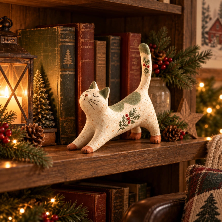 Woodland Christmas Cat Figurine displayed on a Christmas bookshelf