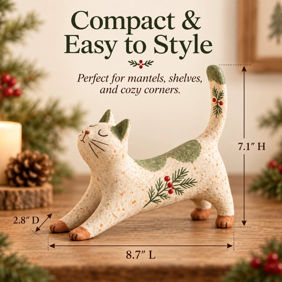 Woodland Christmas Cat Figurine dimensions: 7.1 inches high, 8.7 inches long and 2.8 inches deep