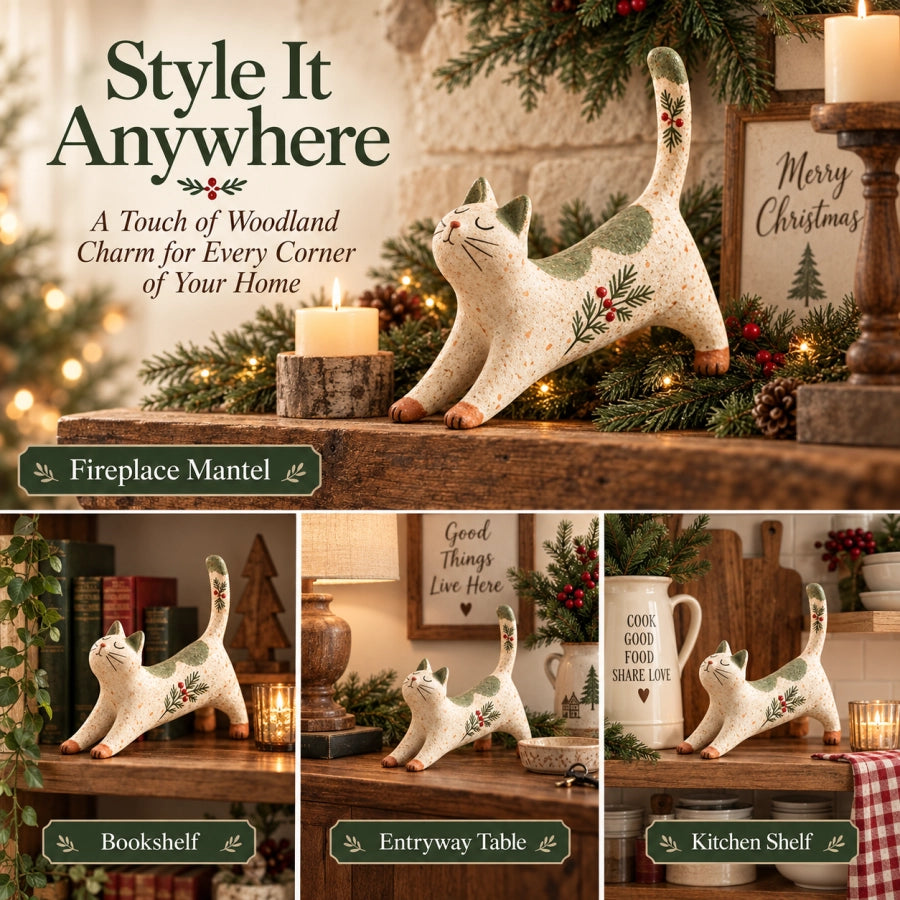 Woodland Christmas Cat Figurine styled on mantel, bookshelf, entryway table and kitchen shelf