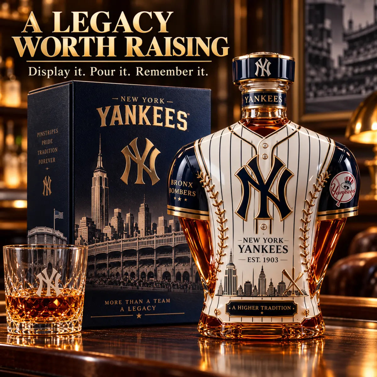 New York baseball themed jersey shaped collector decanter displayed beside its presentation box