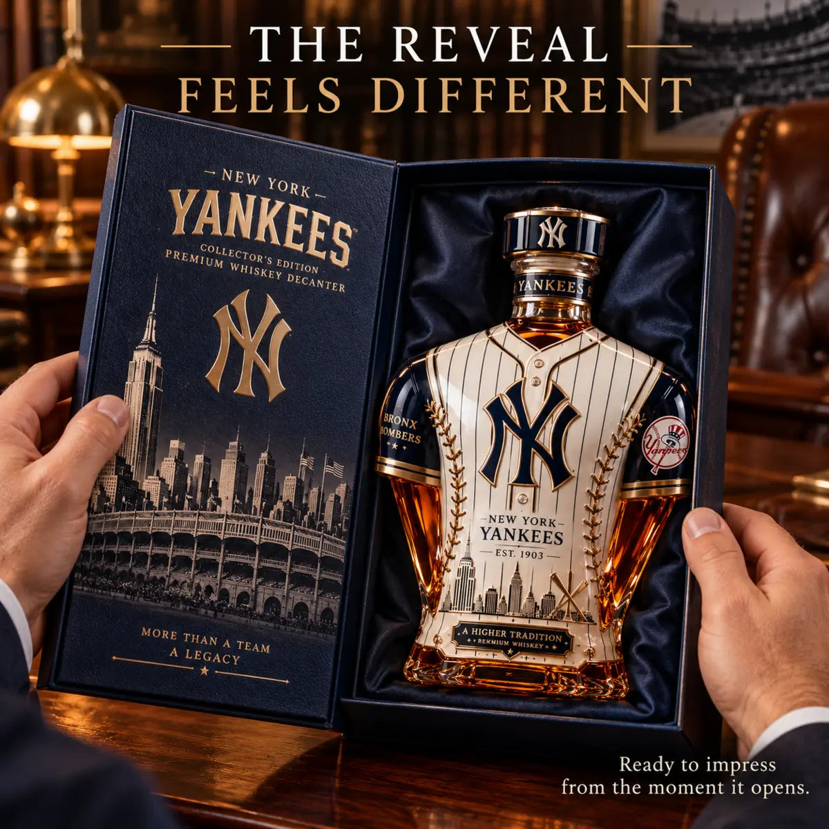 Open presentation box revealing a New York baseball themed collector decanter