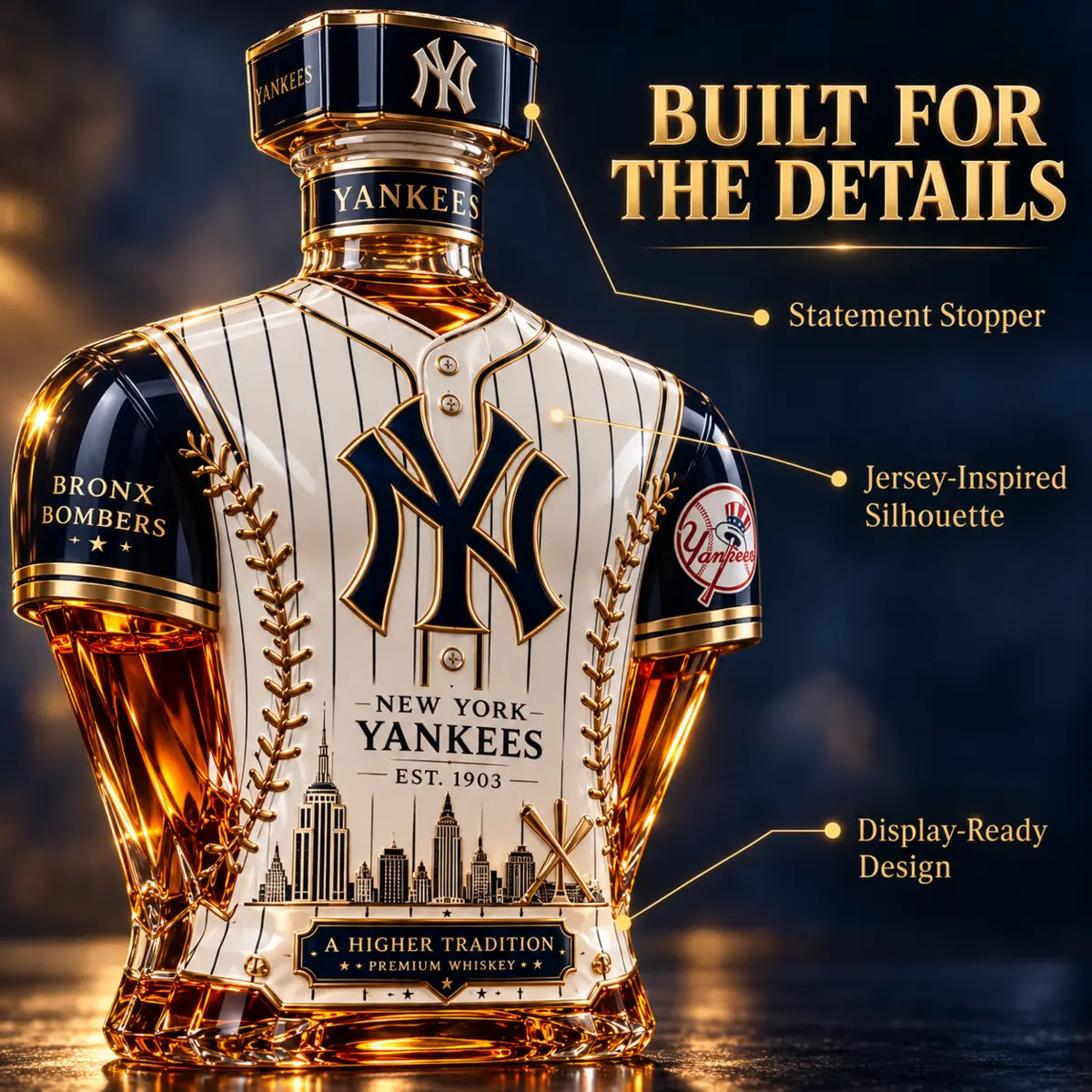 Close up view of a jersey inspired collector decanter with pinstripe styling and decorative details