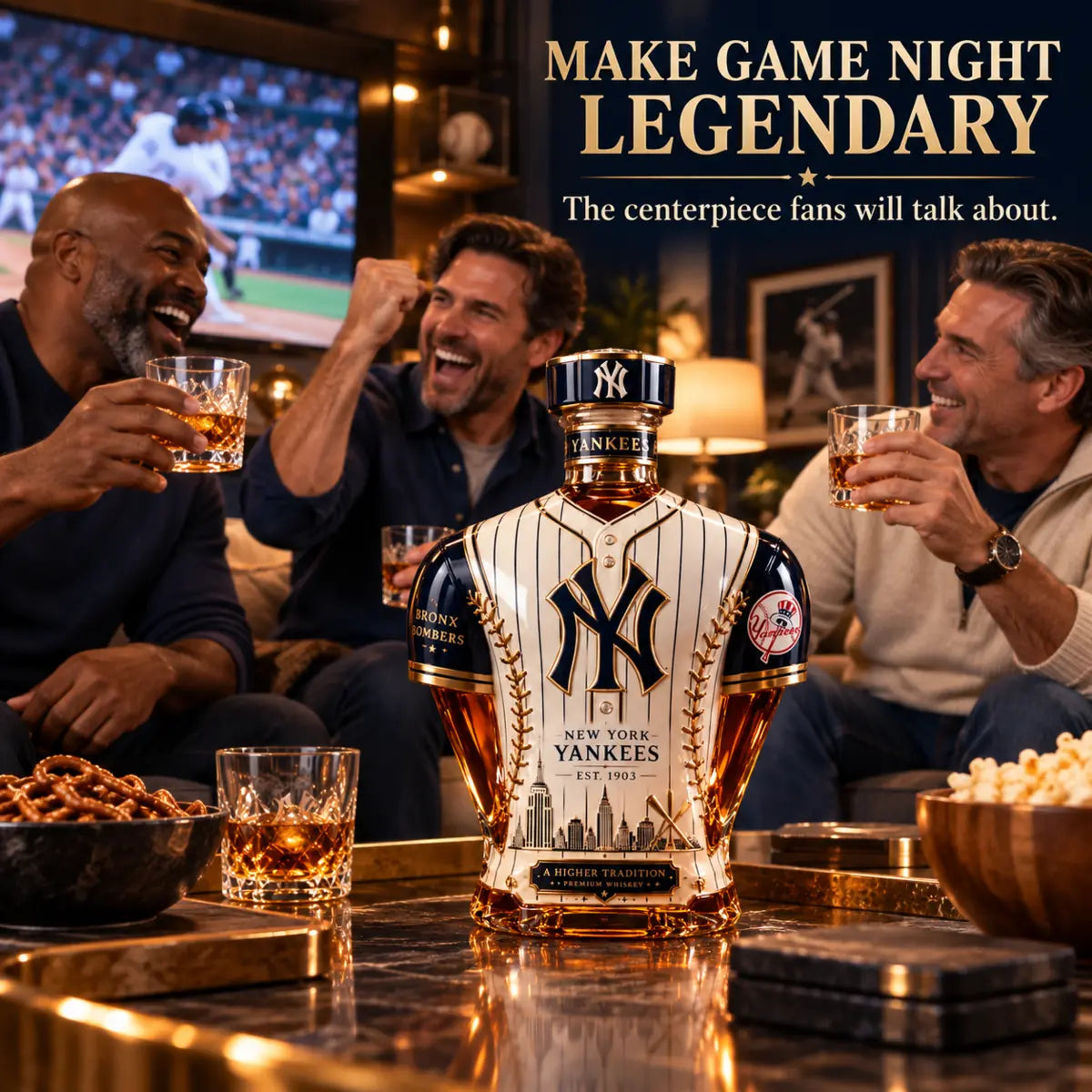Collector decanter used as the centerpiece during a baseball game night with friends
