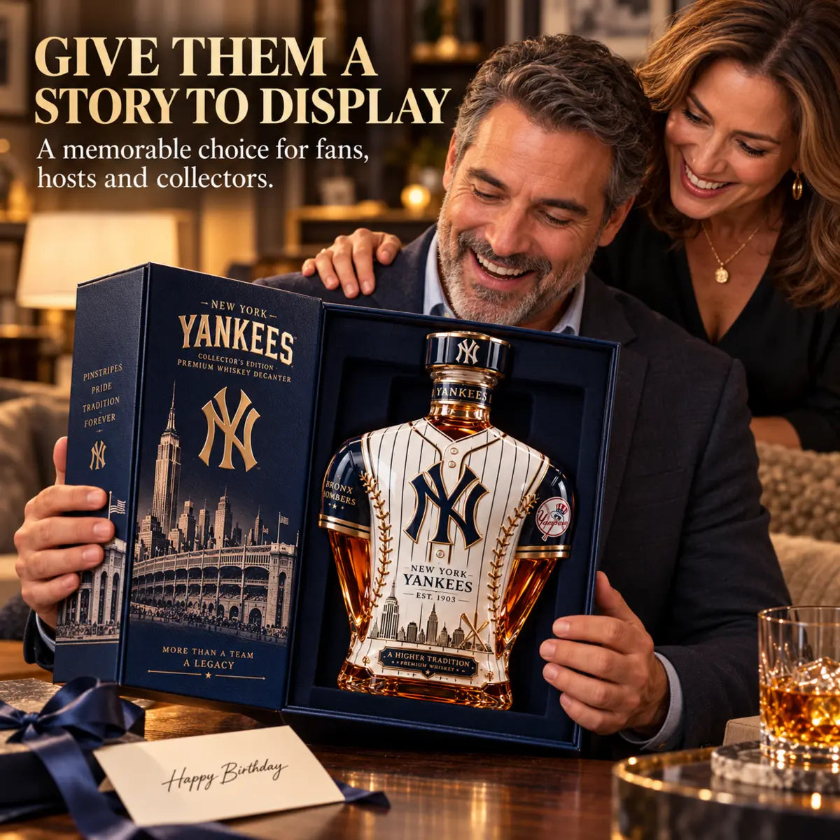 Gift presentation of a New York baseball themed collector decanter in its display box