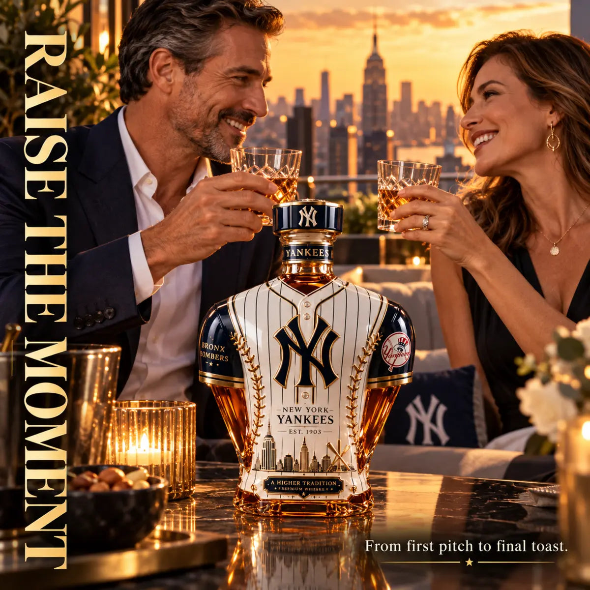Couple raising glasses beside a New York baseball themed collector decanter at sunset