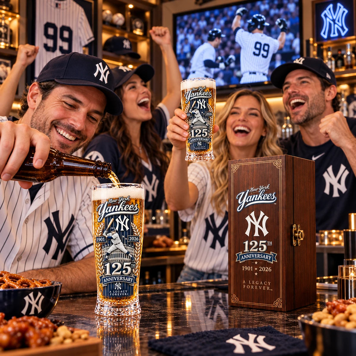 Baseball fans celebrating with the 125th anniversary glass