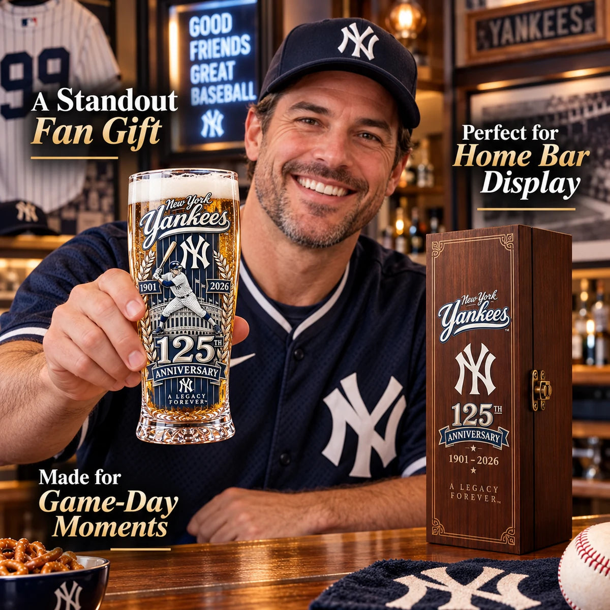 Baseball fan holding the anniversary glass beside its presentation box