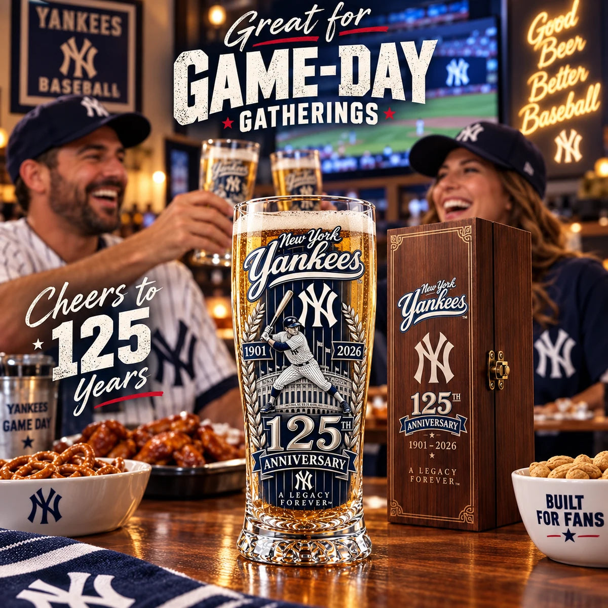 Fans using the anniversary glass during a baseball game-day gathering