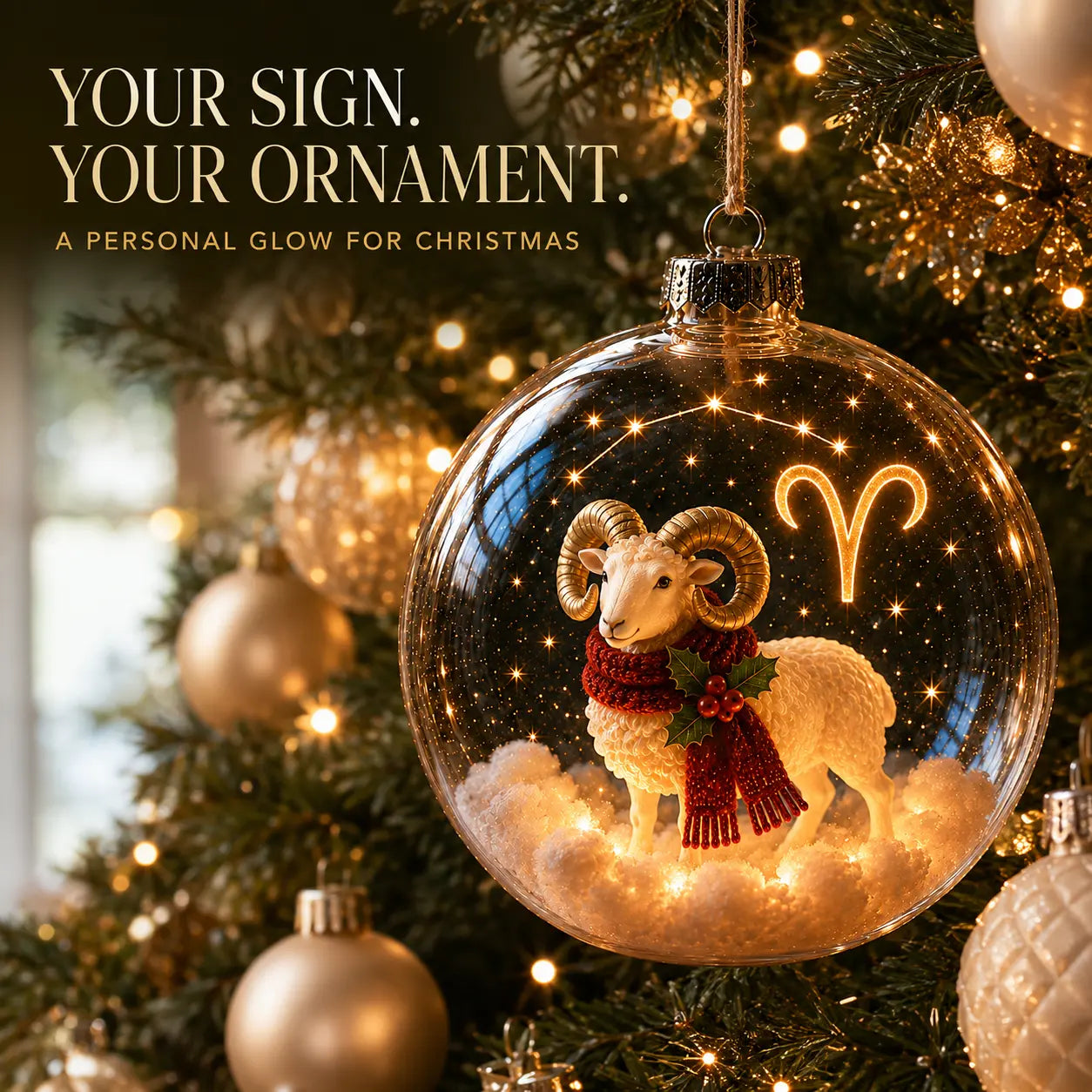 Lighted Aries zodiac ornament glowing on a Christmas tree