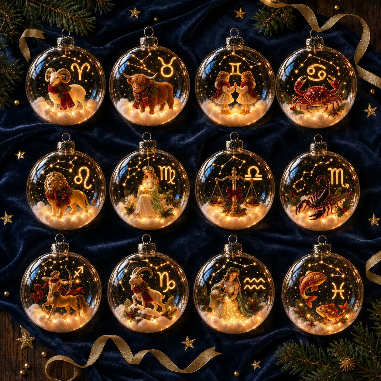 Complete collection of all twelve lighted zodiac ornaments