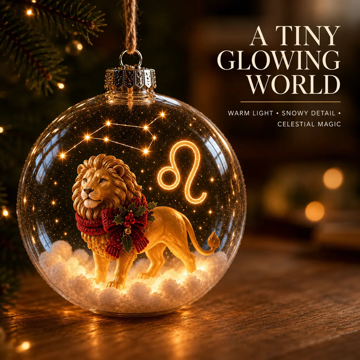 Close view of the warm light and snowy details inside a Leo zodiac ornament