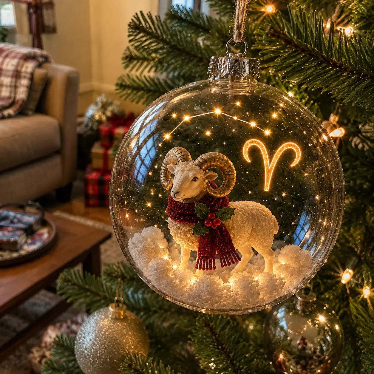 Customer photo of an Aries zodiac ornament on a Christmas tree