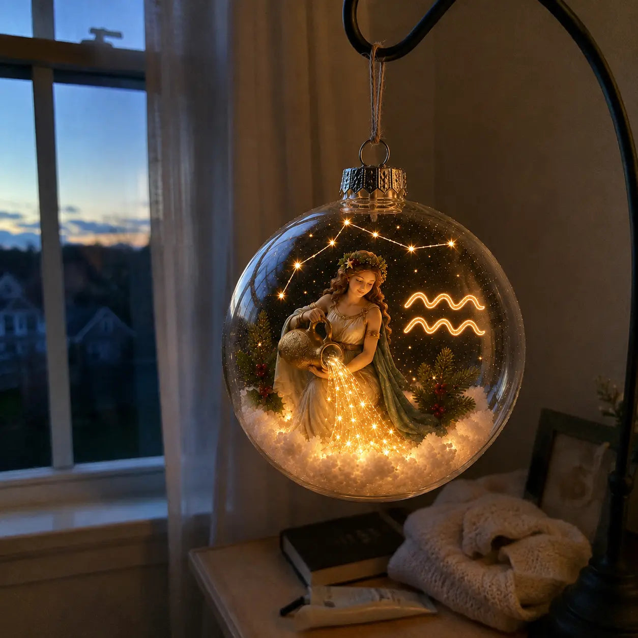 Customer photo of an Aquarius zodiac ornament glowing by a window