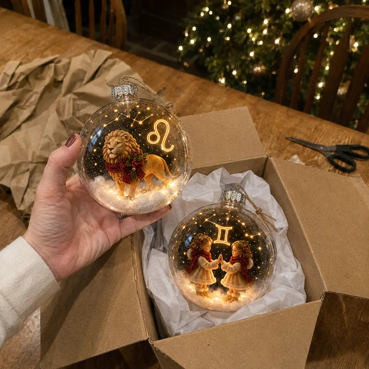 Customer unboxing Leo and Gemini lighted zodiac ornaments