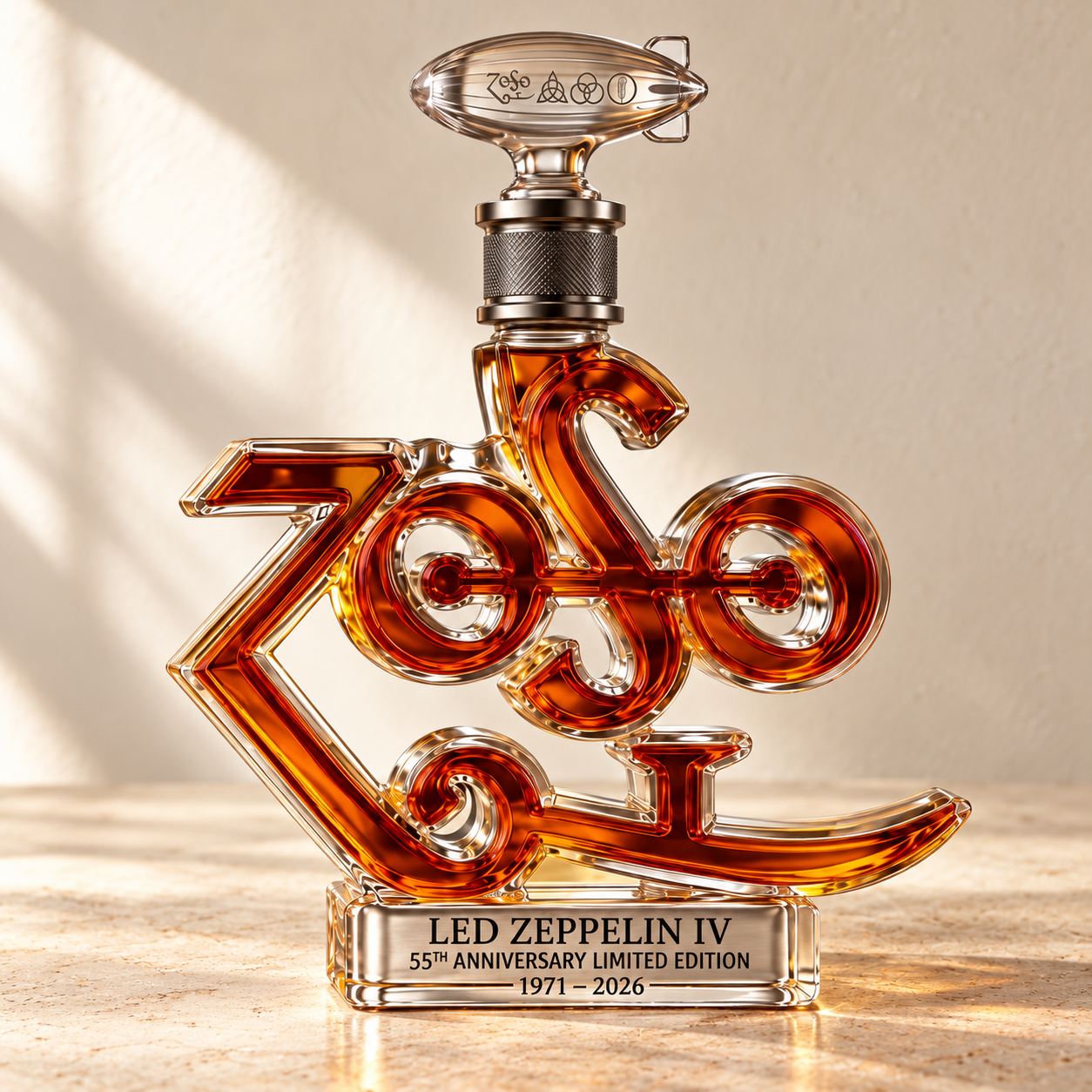 ZoSo-shaped glass decanter with amber spirits and an airship stopper