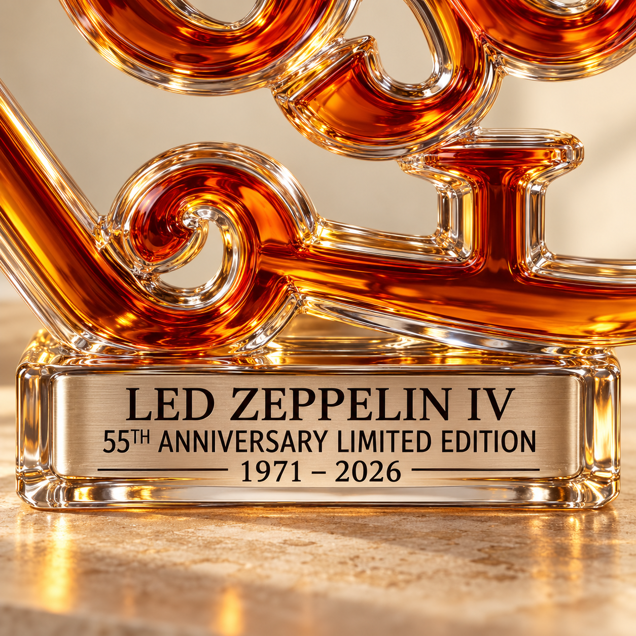 Close view of the Led Zeppelin IV 55th anniversary 1971–2026 inscription and amber glass curves