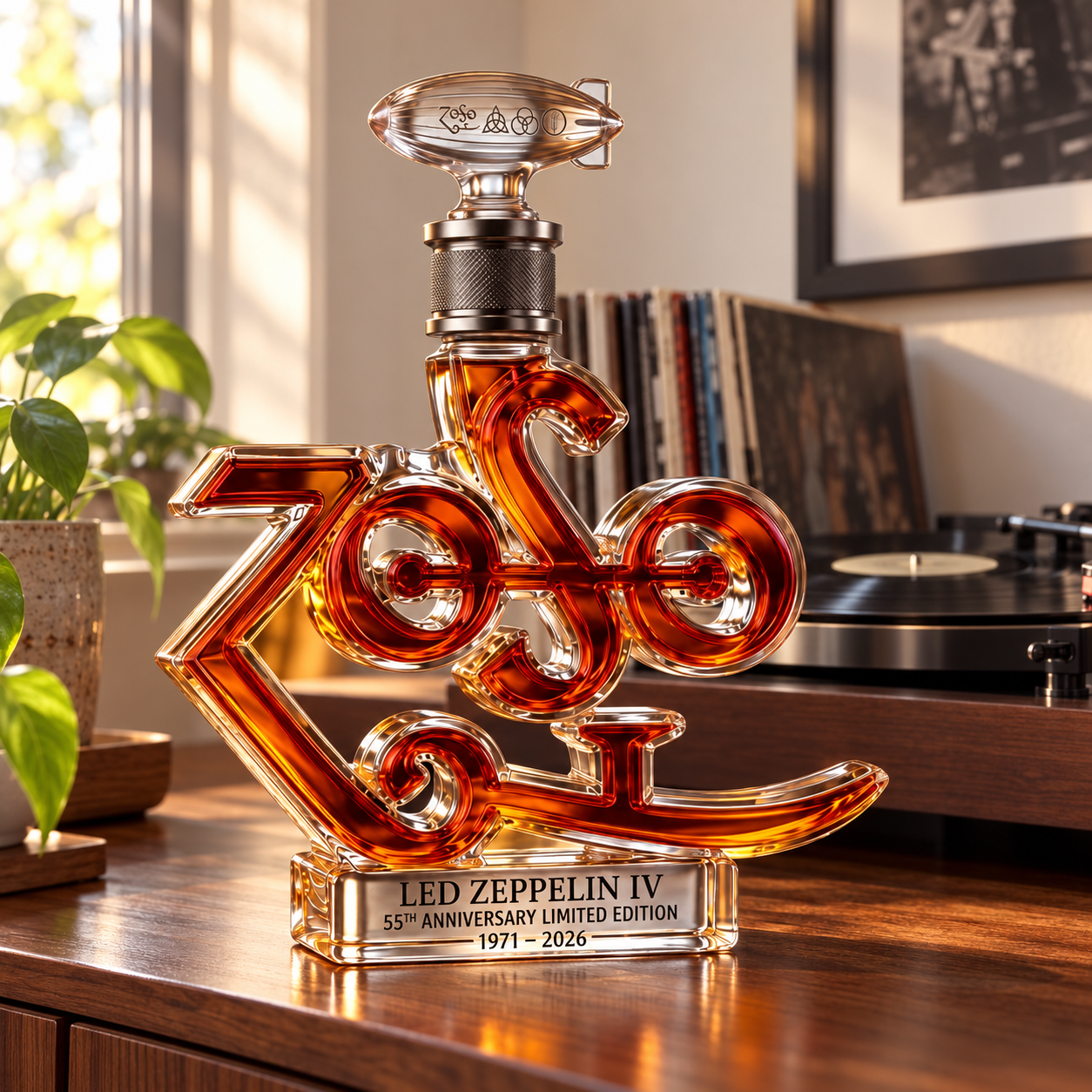 ZoSo decanter displayed beside a record player in a warm home listening corner